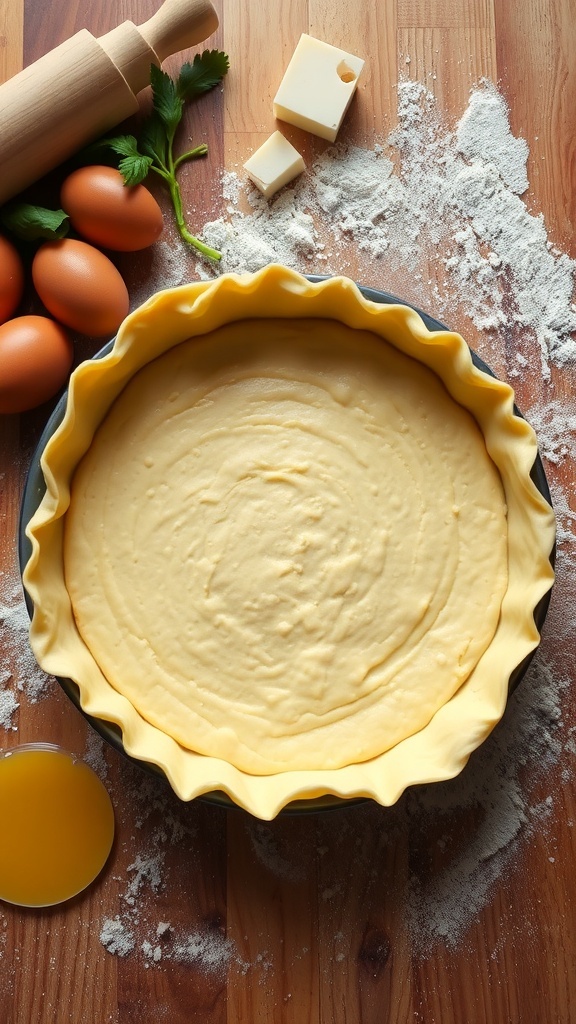 A rolled out quiche dough in a pie dish, surrounded by fresh ingredients for quiche preparation.